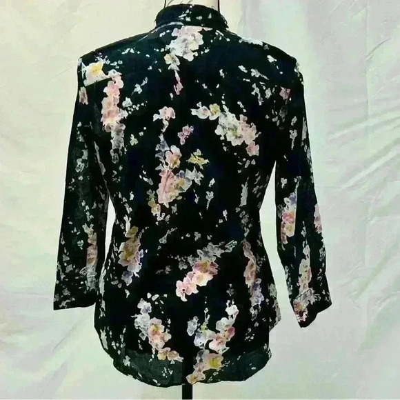 LAUREN RALPH LAUREN Black Floral 3/4 Sleeve Cotton Button Down Size Medium - Picture 5 of 14